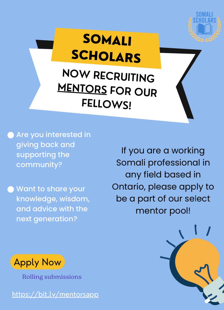 Somali Scholars is looking for mentors!!

If you’re a somali professional in Ontario don’t miss this opportunity. It’s a great program helping students make the most of their university experience. 

Apply here: bit.ly/mentorsapp