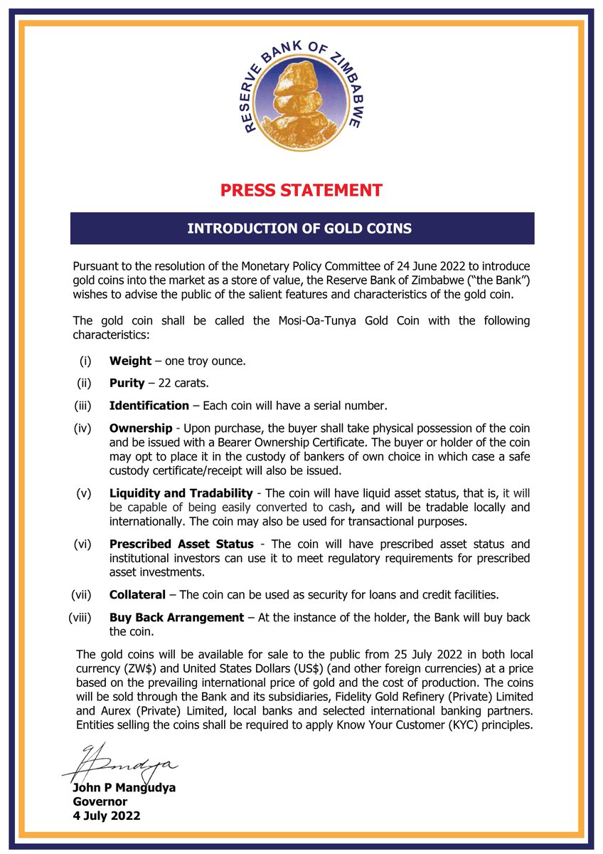 Introduction of Gold Coins