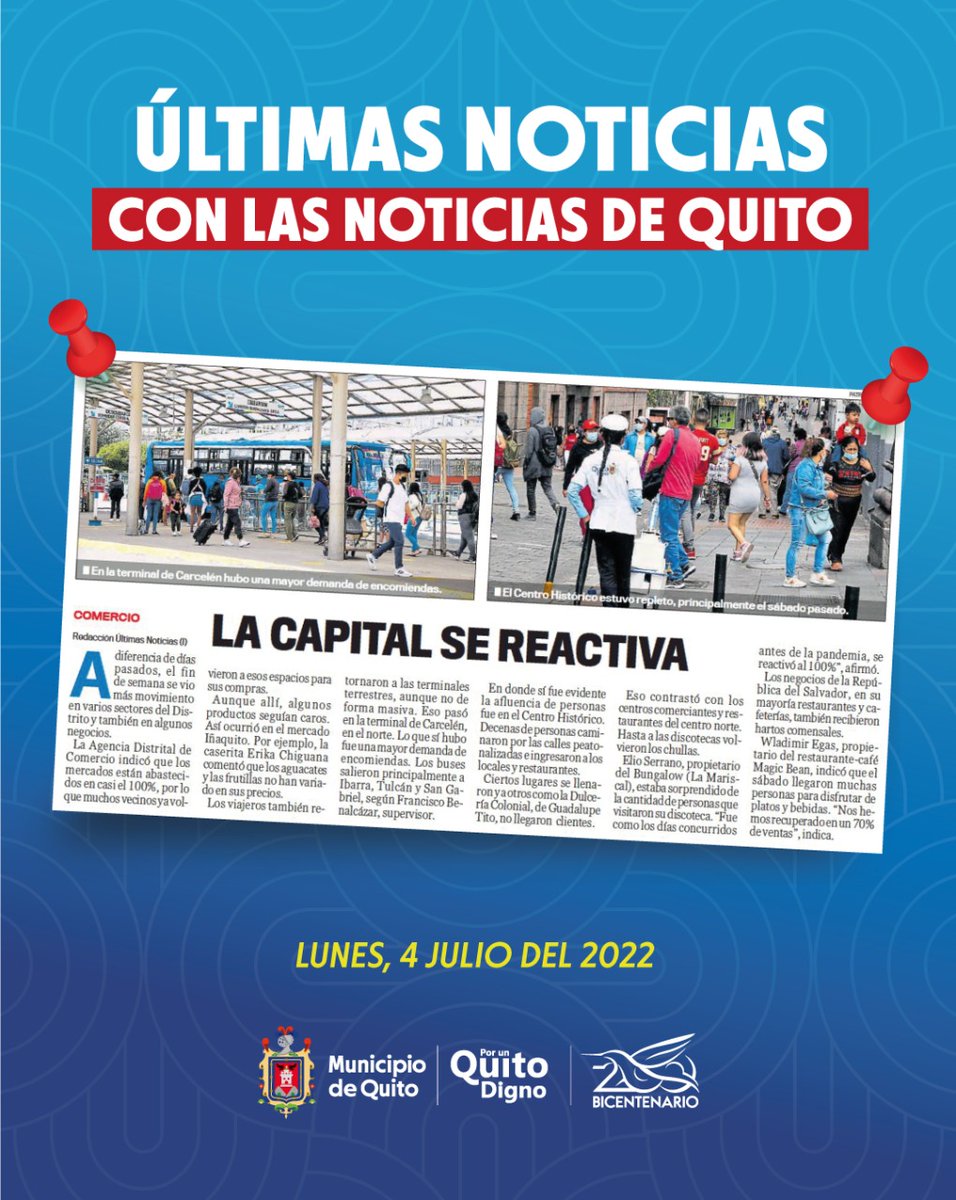 MunicipioQuito's tweet photo. #QuitoEnLasNoticias |Este fin de semana las actividades retomaron su normalidad #Quito.  Mercados, terminales terrestres, Centro Histórico, transporte, restaurantes y hasta discotecas trabajan sin problemas. #QuitoPorQuito

#EstamosTrabajando #PorUnQuitoDigno @santiguarderas https://t.co/O4PT231M8i
