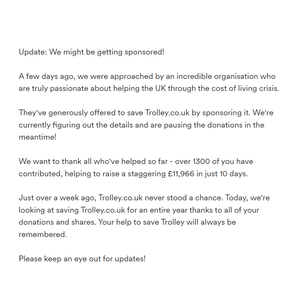 TrolleyUK's tweet photo. Here's the latest update on #SaveTrolley - it's exciting news! Thank you for all of your support! π https://t.co/xjjbbMV8U8