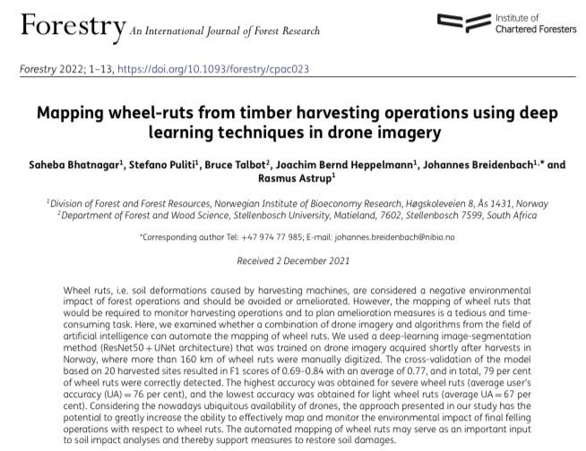 Wondering how to identify wheel ruts in a harvested yet messy forests?🌲🌳
Check out our new paper discussing use of #drone and #DeepLearning for doing the same! academic.oup.com/forestry/advan… 
@Forestry_OUP @Jo_Breidenbach @stefanopuliti @SmartForest_SFI @NIBIO_no