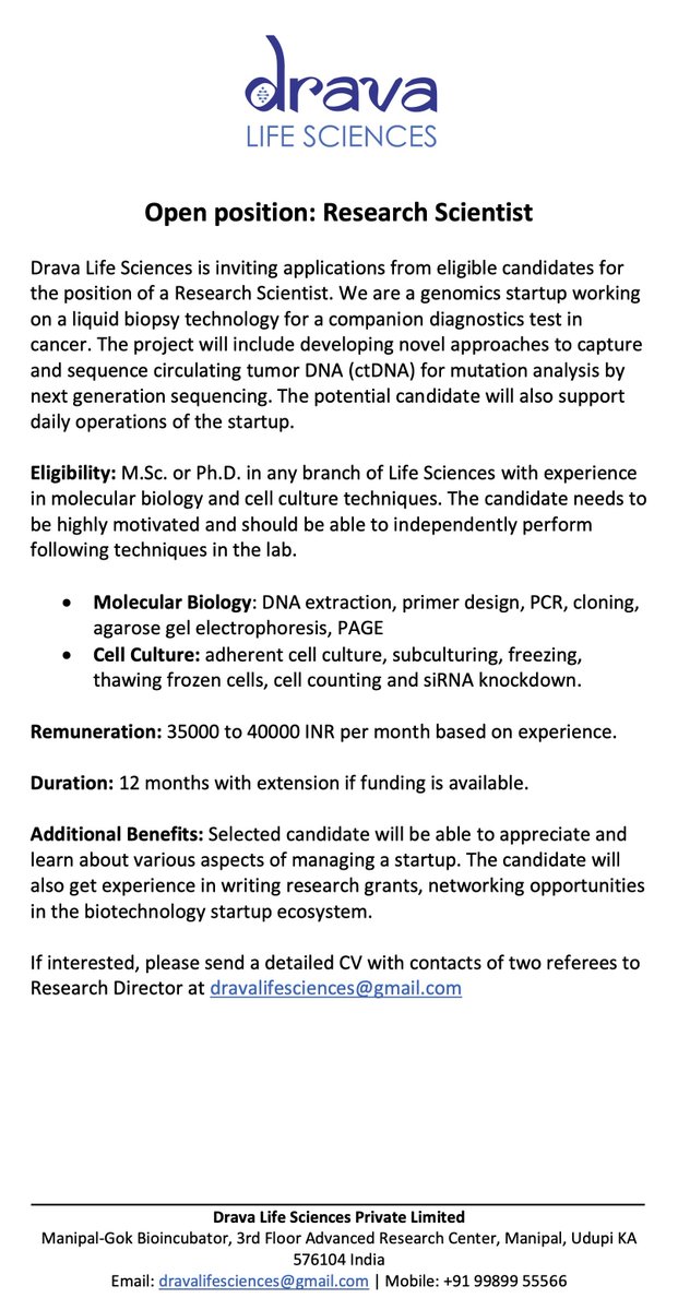 rama damerla (@ramdam1982) on Twitter photo We are hiring. Looking for candidates with M.Sc. or Ph.D. and experience in molecular biology and cell culture techniques. please email your CVs to dravalifesciences{at}gmail.com We are hiring. Looking for candidates with M.Sc. or Ph.D. and experience in molecular biology and cell culture techniques. please email your CVs to dravalifesciences{at}gmail.com