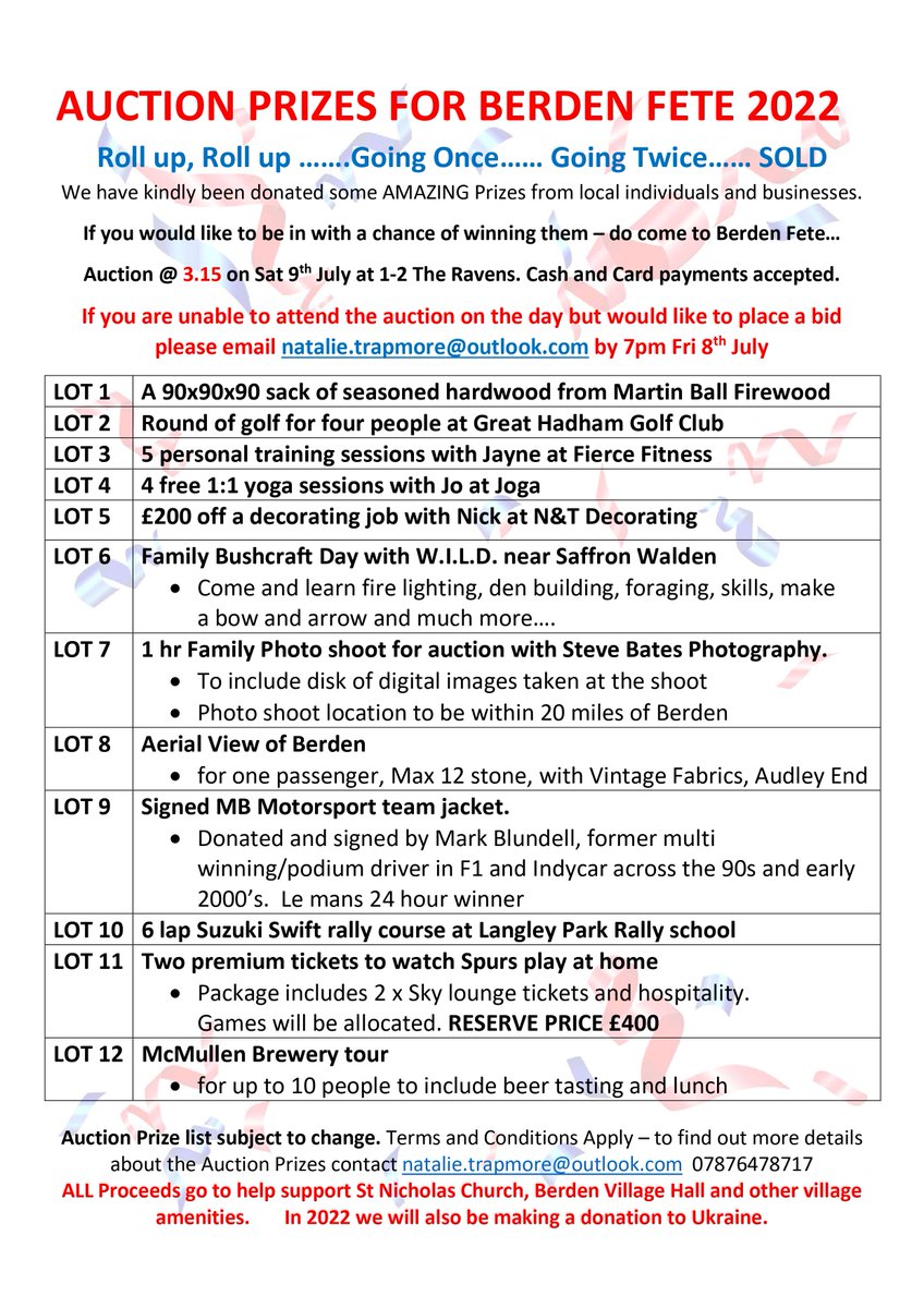 BerdenFete's tweet photo. It is the final week before Berden Fete 2022. Take a look at what prizes you could win, or lots you could bid on in our auction this year! 😲🍾🥳 https://t.co/rWNsBGm3kG