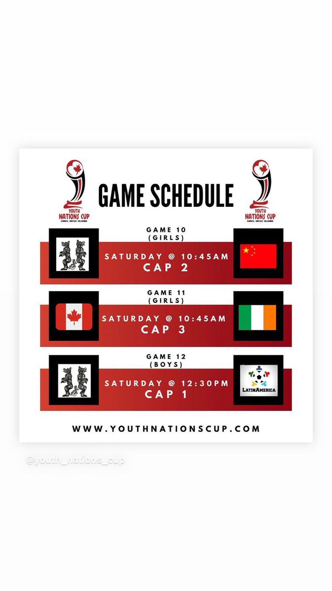 nations_youth's tweet photo. Saturday Youth Nations Cup Tournament scheduled matches. See you at Cloverdale Athletic Park! Admission is free. Come celebrate inclusion, diversity and unique heritage through the game of soccer. #ync https://t.co/V5In5jvnLT