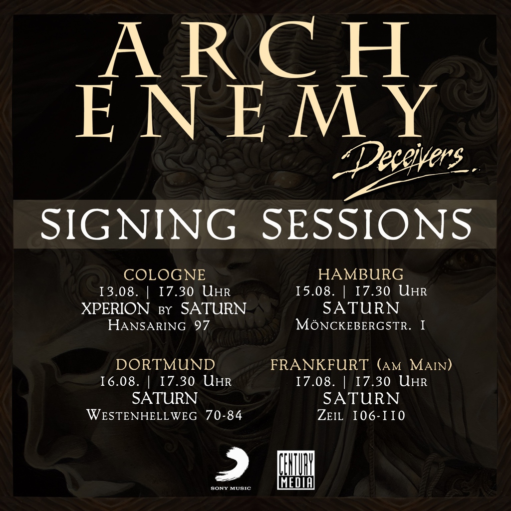 archenemymetal's tweet photo. ICYMI 🔥

We just announced exclusive signing sessions in #Germany 🇩🇪! Come by, say hello &amp; get your copy of our new album "Deceivers" (out August 12th) signed 🤘🏻

See you there!

Pre-order "Deceivers" ➡️ https://t.co/BSGcAYZMYw

#ARCHENEMY #DECEIVERS #SIGNINGSESSIONS https://t.co/ppsJt8j7nL