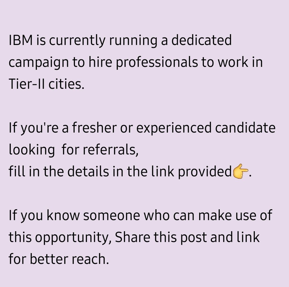 JShaikh99's tweet photo. IBM is currently running a dedicated campaign to hire professionals to work in Tier-II cities.k

If you're a fresher or experienced candidate  looking  for referrals, 
fill in the details in the link provided👉.
#ibm #hiring #SoftwareDeveloper https://t.co/4vuHPLyEE4