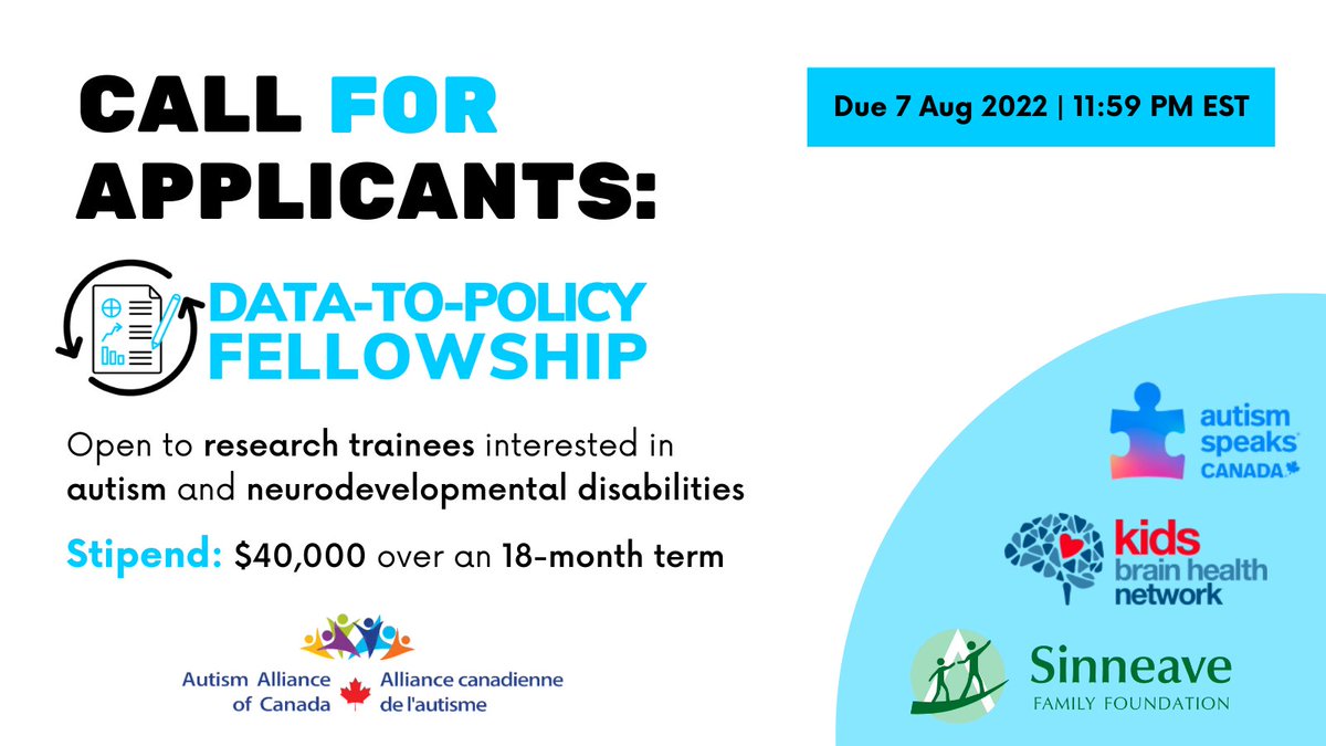 We’re looking for research trainees to help lead data initiatives that can inform autism and neurodevelopmental disability policy in Canada! This remote opportunity provides a $40,000 stipend over 18 months. Applications are due August 7th. To learn more: bit.ly/3I3mD1l