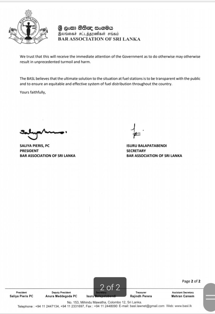 The BASL today sent a letter to the President warning of the serious consequences that could arise as a result of clashes between civilians &amp; the armed forces/police @ petrol stations whilst acknowledging  that the police &amp; armed forces are acting under very trying circumstances.