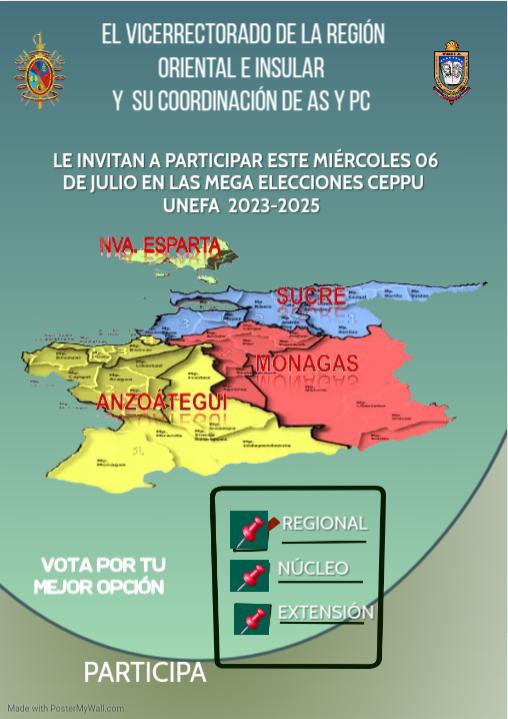 UnefaVrrOrienta's tweet photo. El Vicerrectorado de la Región Oriental e Insular y su Coordinación Regional de ASyPC, te invitan cordialmente a participar en las megas elecciones estudiantiles del #CEPPU UNEFA, 2023-2025.
Vota por tu mejor opción a nivel de la Región, Núcleo y Extensión este Miércoles #6Julio https://t.co/KnDZ8b1pTr
