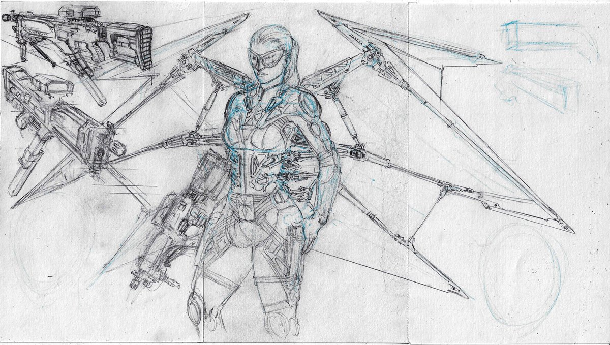 ThePencilPimp's tweet photo. I'll beat myself up abt the cringy anatomy later. I instead burned brain-fuel on design. Leading with function not form: most of our bodyweight pools at our torso, so that's where the flight chassis would converge on. The guns need work, tho. #Metatrons #TheFlyingFox #Comicsgate https://t.co/UJgOOvccy7
