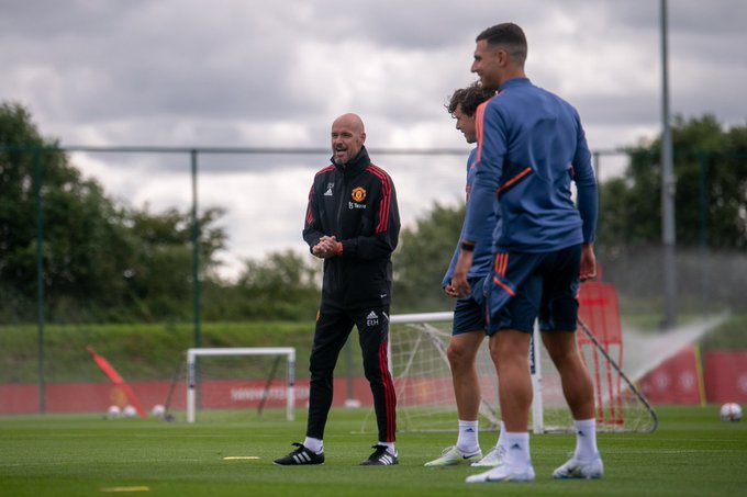 United manager Erik ten Hag takes a training session at Carrington.