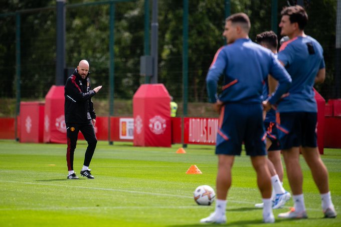 United manager Erik ten Hag takes a training session at Carrington.