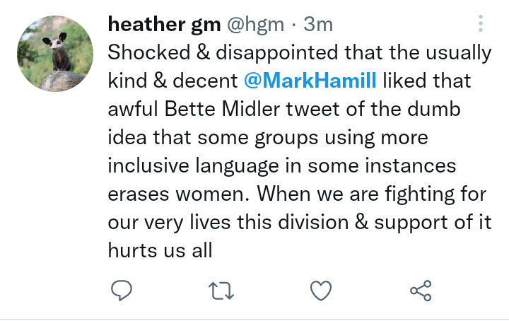 So now the TRAs are losing their shit because Mark Hamill liked Bette Midler's tweet 😂
#TERFs