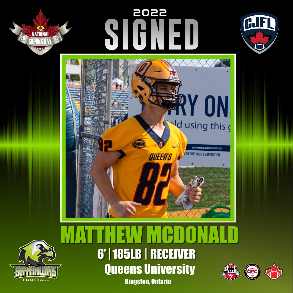 SkyhawksFootbal's tweet photo. Join us in welcoming Queens Golden Gael Receiver @_mcdonaldm13  Welcome to Skyhawks Nation Matthew!  #2022skyhawksnation #cjflsigningday https://t.co/vZrmUyj5zy