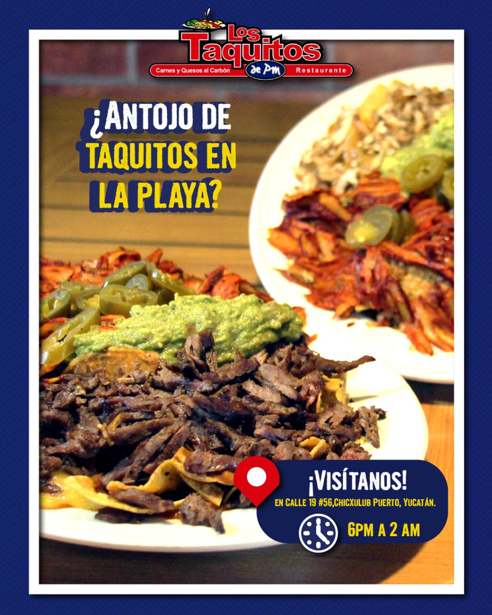 TaquitosPM's tweet photo. ¿Se te antojaron unos taquitos en la playa? 🤤 
¡No te preocupes! Trajimos todo el sabor de Taquitos de PM a la playa. 🌮
📍Visítanos de lunes a domingo de 6 pm a 2 am en nuestra sucursal de Chicxulub Puerto.

#ComedePM #TaquitosenlaPlaya #TacosalPastor #Taquitosdepm https://t.co/3OElzn3KN6