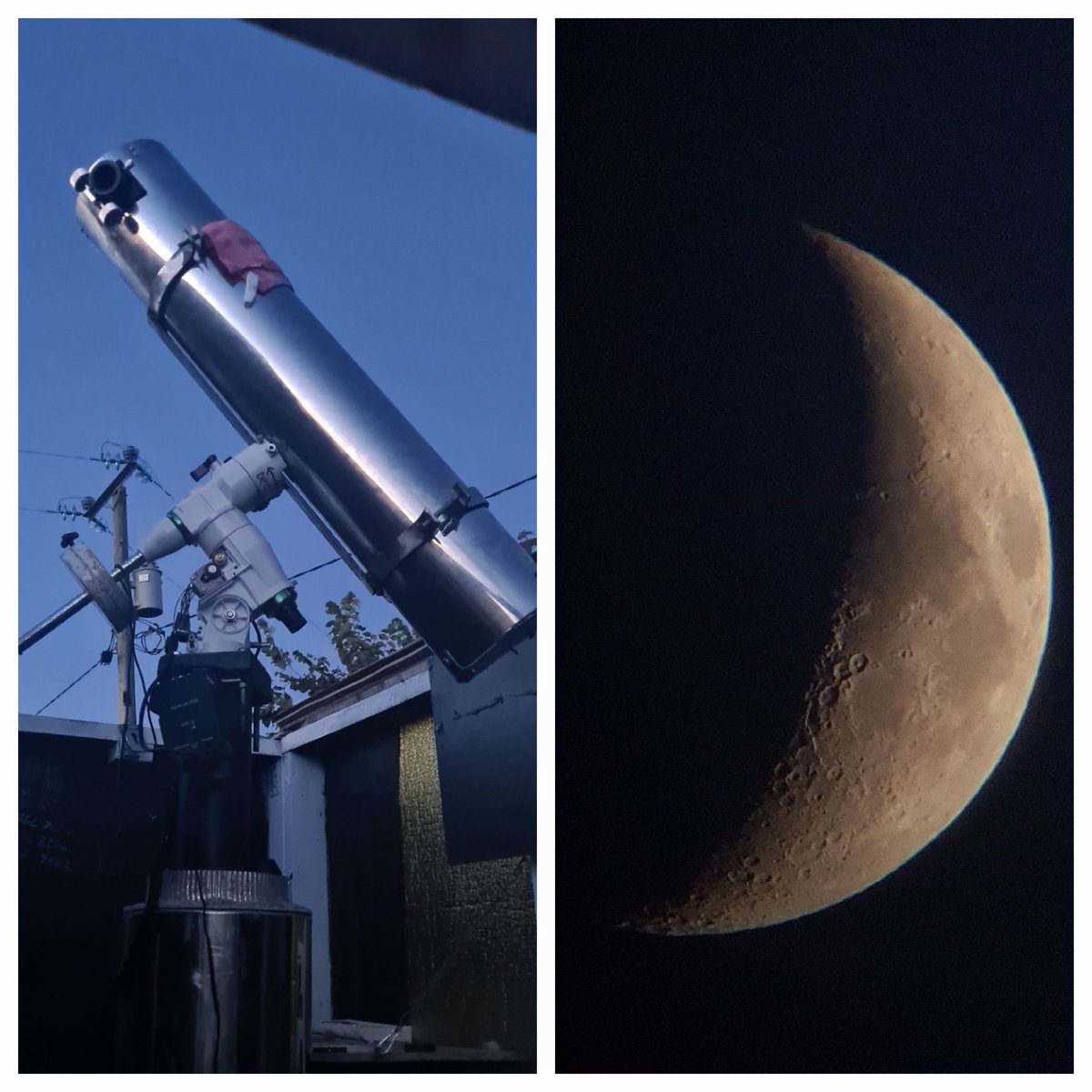 Gavin96641409's tweet photo. I finished building my first telescope today, I made the mirror too it's a 6 inch F7.3. The photo was taken with my phone up to the eyepiece. 
#Astrophotography 
#telescope https://t.co/QNNYShXKDw