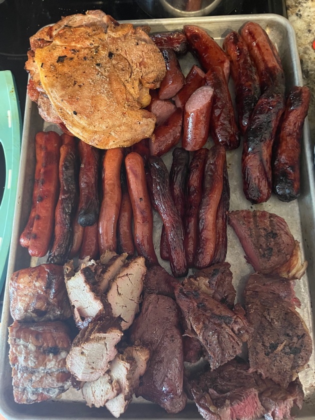 logankstewart's tweet photo. @THMills I see yours and respond with mine: pork chops, steaks, kielbasa, hotdogs, beer brats, tenderloin, homegrown collards, and squashes. https://t.co/JjPHpi3KuH
