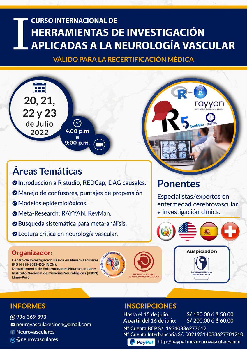 *I CURSO INTERNACIONAL DE HERRAMIENTAS DE INVESTIGACIÓN APLICADAS A LA NEUROLOGÍA VASCULAR* 20, 21, 22 y 23 de julio del 2022
*Participa e inscríbete en el siguiente link:*
forms.gle/duySq4ZbJqFxgA…