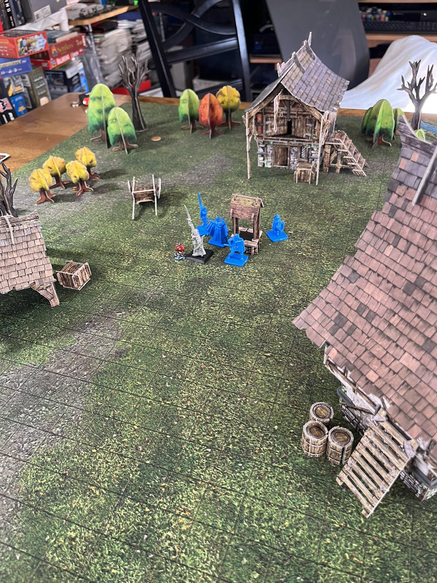 yearofthegame20's tweet photo. Time to go solo. I think the setup for the first mission of Rangers of Shadowdeep went pretty well. Trees from Photosynthesis and Descent, buildings from Battle Systems, Monster Fight Club mat. https://t.co/ZqEVneEOPo