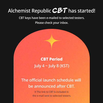 Blue_Baikal's tweet photo. The closed beta test is on!
July 4 ~ July 8 (KST)
Check your inbox now. If you're selected, a CBT key has been sent to the email that you applied for the closed beta with.
#AlchemistRepublic #P2E #DeFi #NFT #F2P https://t.co/b8Y309rAsx
