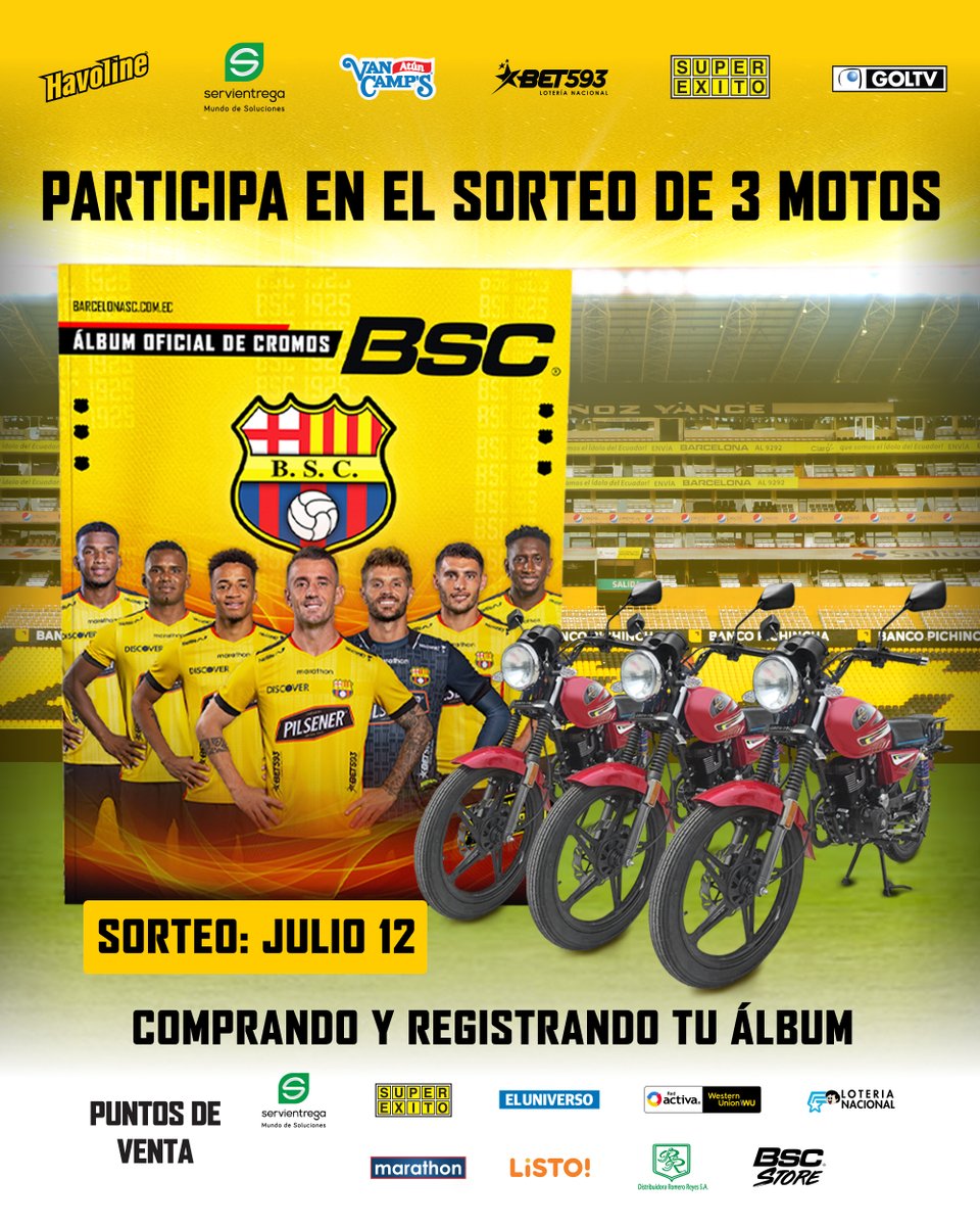 ¡Gánate una de las 3 motos! 🏍️🏍️🏍️

Participa registrando tu #ÁlbumOficialBSC en album.barcelonasc.com.ec 👨‍💻📙

Inicia un #LegadoBSC para las nuevas generaciones 👦👧💛