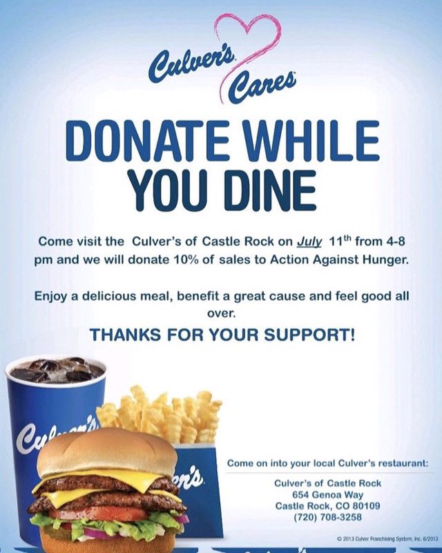 Help support Action Against Hunger by visiting Culver’s July 11th from 4-8! 10% of all sales go towards the organization. We hope to see you there! 😄