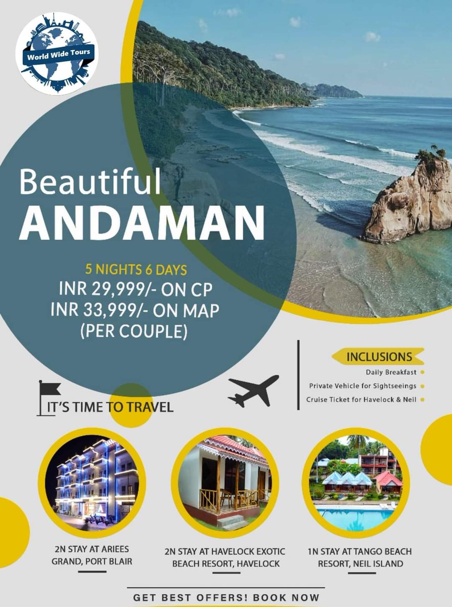 WW_Tours's tweet photo. 💢#WORLD_WIDE_TOURS - A New Pulse of Life

🔵Andaman 5 Nights 6 Days @ 29,999/- For Couple 

Portblair | Havelock | Neil 

💢For Booking Contact us
📞 +91 9315820103
📞 +91 9625714086  

Please do visit our Website for exciting offers: https://t.co/hwxAm0IeEW https://t.co/HZKM7iJwRz