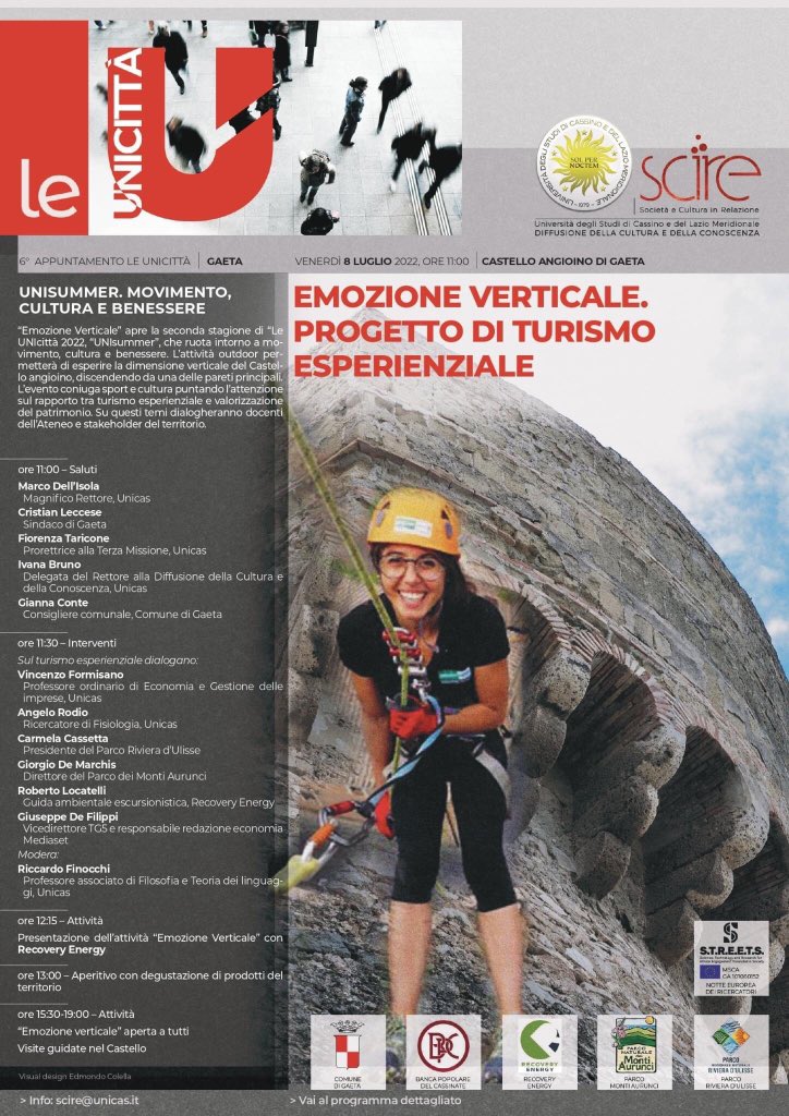Emozione verticale. Progetto di #turismo esperienziale. 8 luglio, Castello angioino #Gaeta. 🧗‍♀️ #innovazione, #inclusione e #sostenibilità grazie alla #valorizzazione del #patrimonio #storico, #architettonico e #ambientale ℹ️ unicas.it/47780 #Unicas