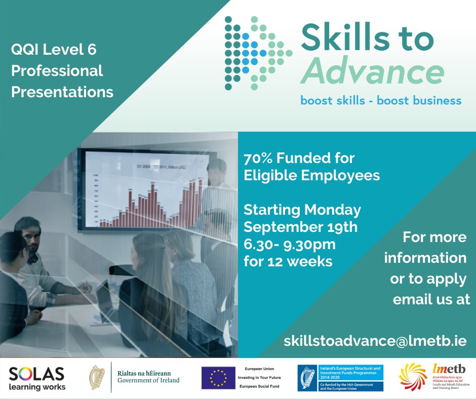 lmetbie's tweet photo. COURSE: Professional Presentations
Date: Monday Sept 19th
6.30- 9.30pm for 12 weeks
Closing date for applications is 1 wk prior to start
For more info/ to apply email 
 skillstoadvance@lmetb.ie
@DIFEedu #professionalpresentations https://t.co/Ab06Q5h5dB