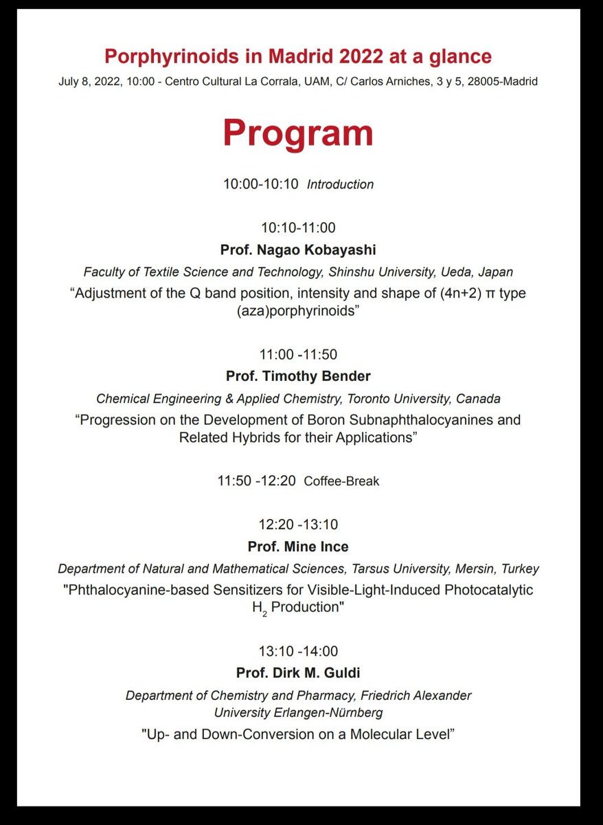 Tomas Torres Research Group (@ttorresgroup) on Twitter photo On July 8th we will have the ICPP-12 (<a href="/SPP_Office/">SPP JPP ICPP ⌬</a>) presymposium in a historic building in Madrid with high-level speakers. <a href="/GroupGuldi/">Guldi_Group</a>, N.Kobayashi (<a href="/ShinshuUni/">Shinshu University</a>), T.Bender, Mine Ince (<a href="/TarsusUni/">Tarsus Üniversitesi</a>). On July 8th we will have the ICPP-12 (<a href="/SPP_Office/">SPP JPP ICPP ⌬</a>) presymposium in a historic building in Madrid with high-level speakers. <a href="/GroupGuldi/">Guldi_Group</a>, N.Kobayashi (<a href="/ShinshuUni/">Shinshu University</a>), T.Bender, Mine Ince (<a href="/TarsusUni/">Tarsus Üniversitesi</a>).