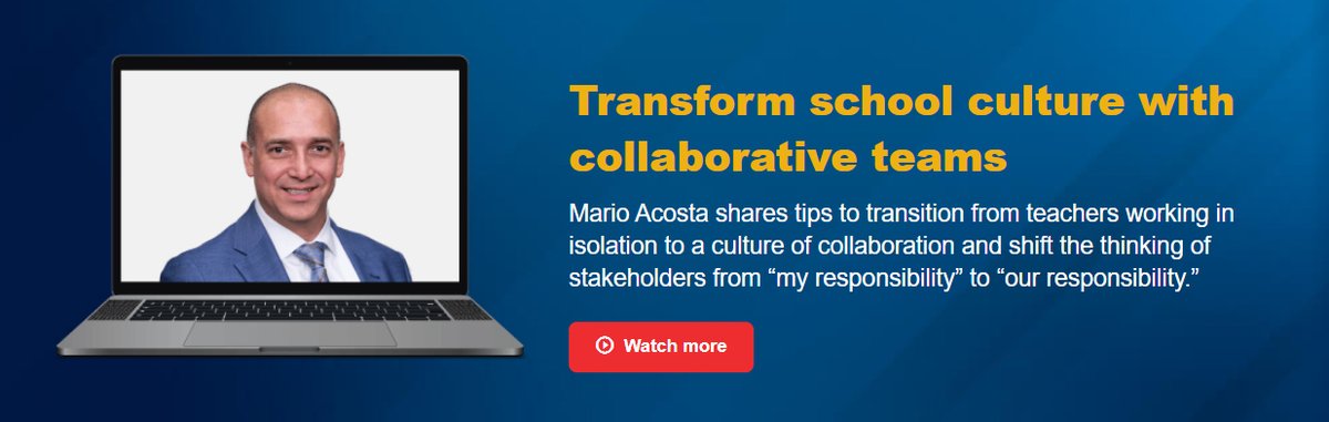Collaborative teams have the potential to transform major aspects of teaching and learning.

Watch this recorded webinar with <a href="/marioacosta31/">Mario Acosta</a> to learn how a collaborative culture can make a huge difference in your school or district.

💻 bit.ly/3b0f1Qy