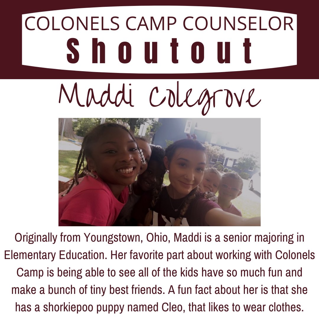 EKUCampusRec's tweet photo. #ColonelsCamp might be off this week, but that does mean we cannot shout out our counselors. Each day this week, we will be highlighting a different Colonels Camp Counselor.
Our first one is Maddi Colegrove! #CampusRecreation #EKU #YouthPrograms #GoBigE #FutureColonels https://t.co/QhEySDiUvn