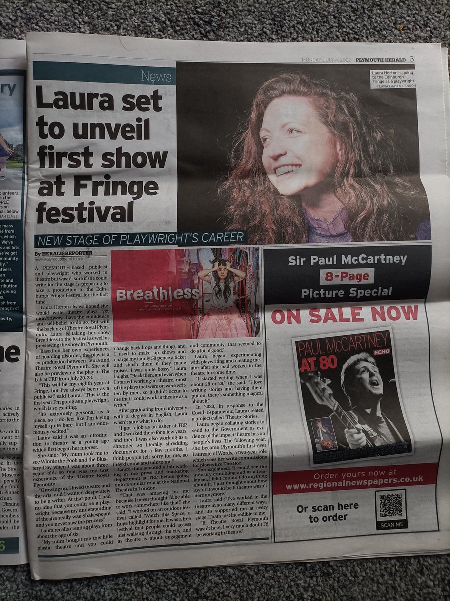 Thank you Plymouth Herald for this lovely piece about my journey into theatre <a href="/TRPlymouth/">Theatre Royal Plymouth</a> &amp; <a href="/NationalTheatre/">National Theatre</a> &amp; my project <a href="/StoriesTheatre/">Theatre Stories</a>. I started my journey as an usher &amp; am so delighted to be co-producing Breathless with TRP <a href="/ThePleasance/">Pleasance</a> <a href="/edfringe/">Edinburgh Festival Fringe</a> #Breathless #EdFringe2022