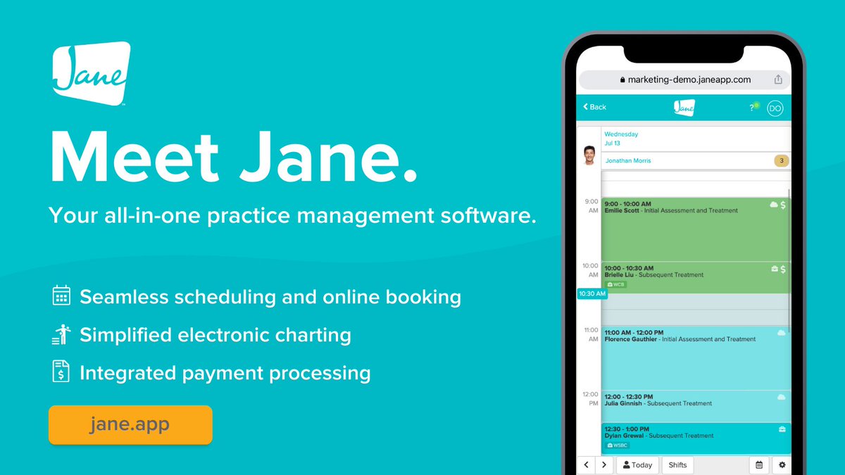 Seamless scheduling and online booking 📆 , electronic charting ✍️ , and integrated payment processing 💳. Let us show you all the ways Jane can make your day easier. Book your demo today at jane.app.