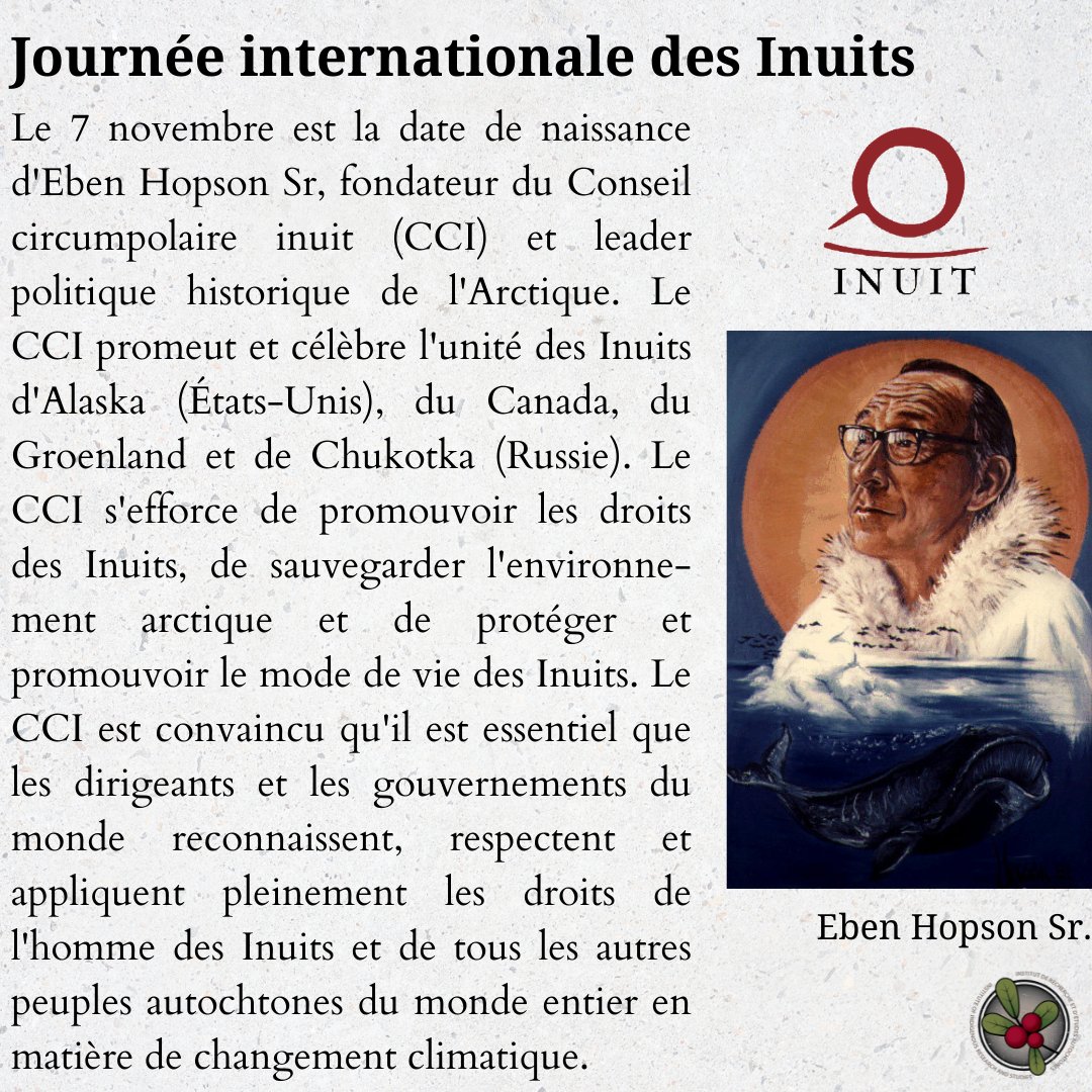 ᐃᓄᐃᑦ ᐅᑉᓗᐊᓂ

Bonne journée internationale des Inuits ! Aujourd'hui, le 7 novembre, nous célébrons et amplifions les voix des Inuits partout, de l'Inuit Nunangat (la patrie des Inuits) au reste du Nord circumpolaire et au monde entier.