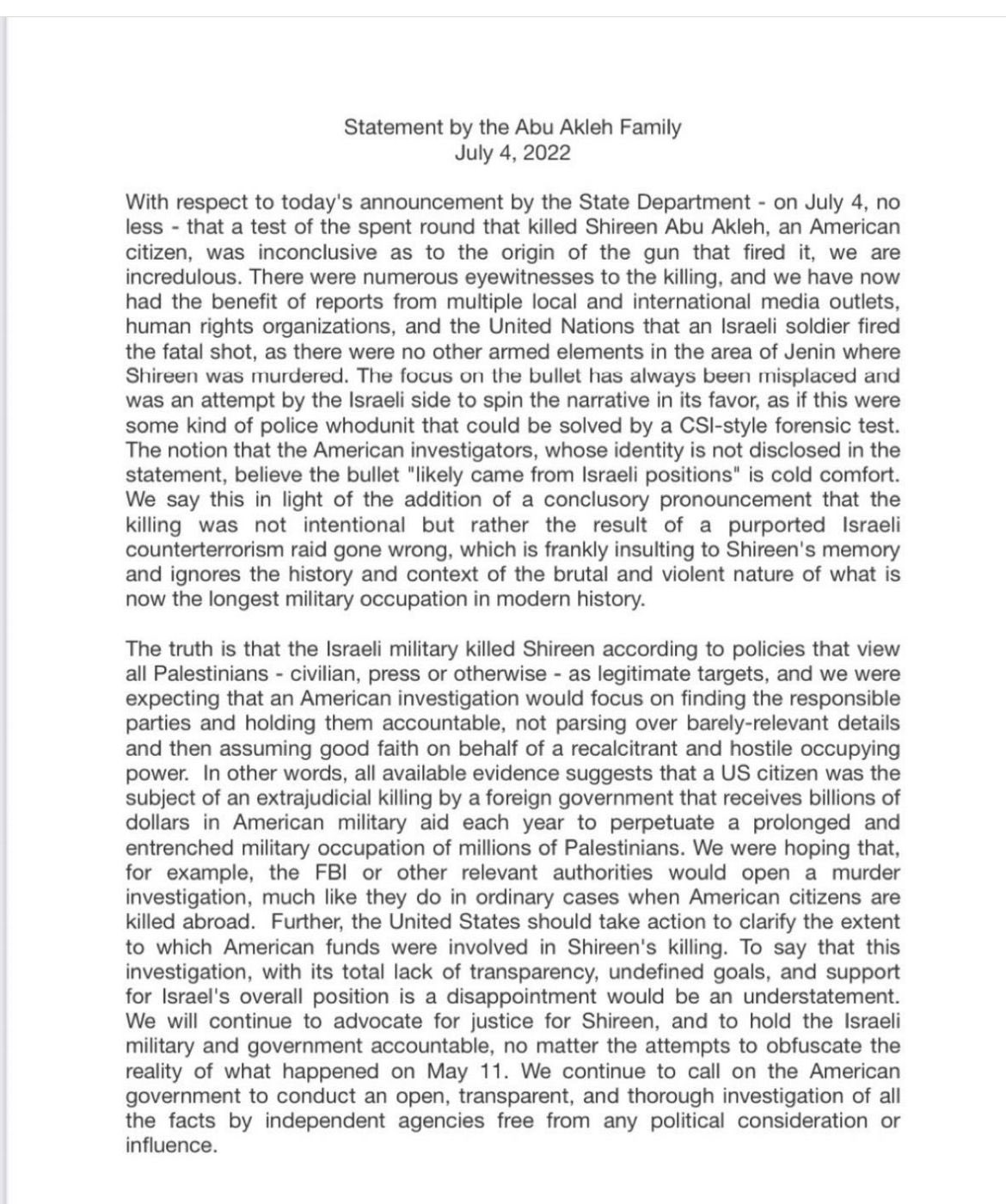 statement by Shireen Abu Akleh’s family