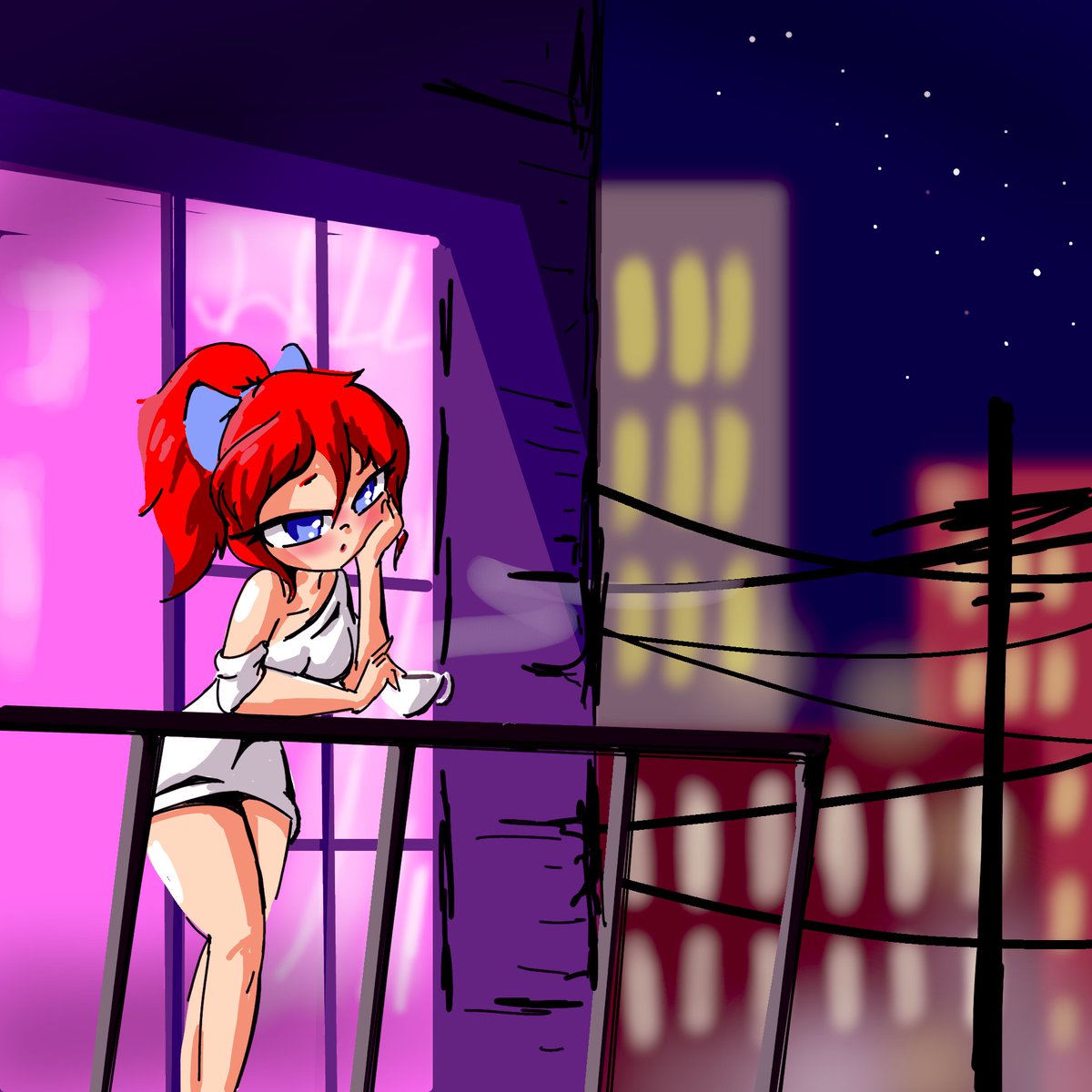 Drawing exercise: Aki loves coffee

#anime #digitalart #digitalillustration #redhead #coffee #window #cityskyline #sketch #character_design