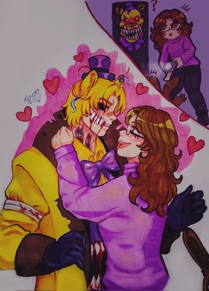 GraceValac's tweet image. my part of the Arttrade for my best friend @IamLikar  💖😋
#FNAF #ArtTrade #fnafhuman #Selfshipp #Fnaf4 #Fredbear