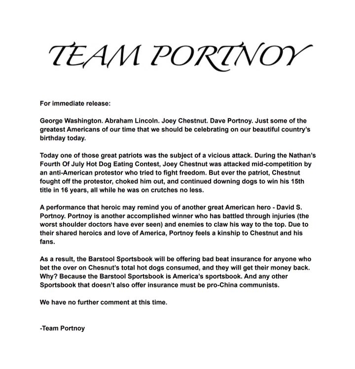 For Immediate Press Release - <a href="/BSSportsbook/">Bullshit Sportsbook</a> Will Be Refunding All Joey Chestnut over Bets Due to the Mid Competition Attack.   Why?   Because America that’s why.