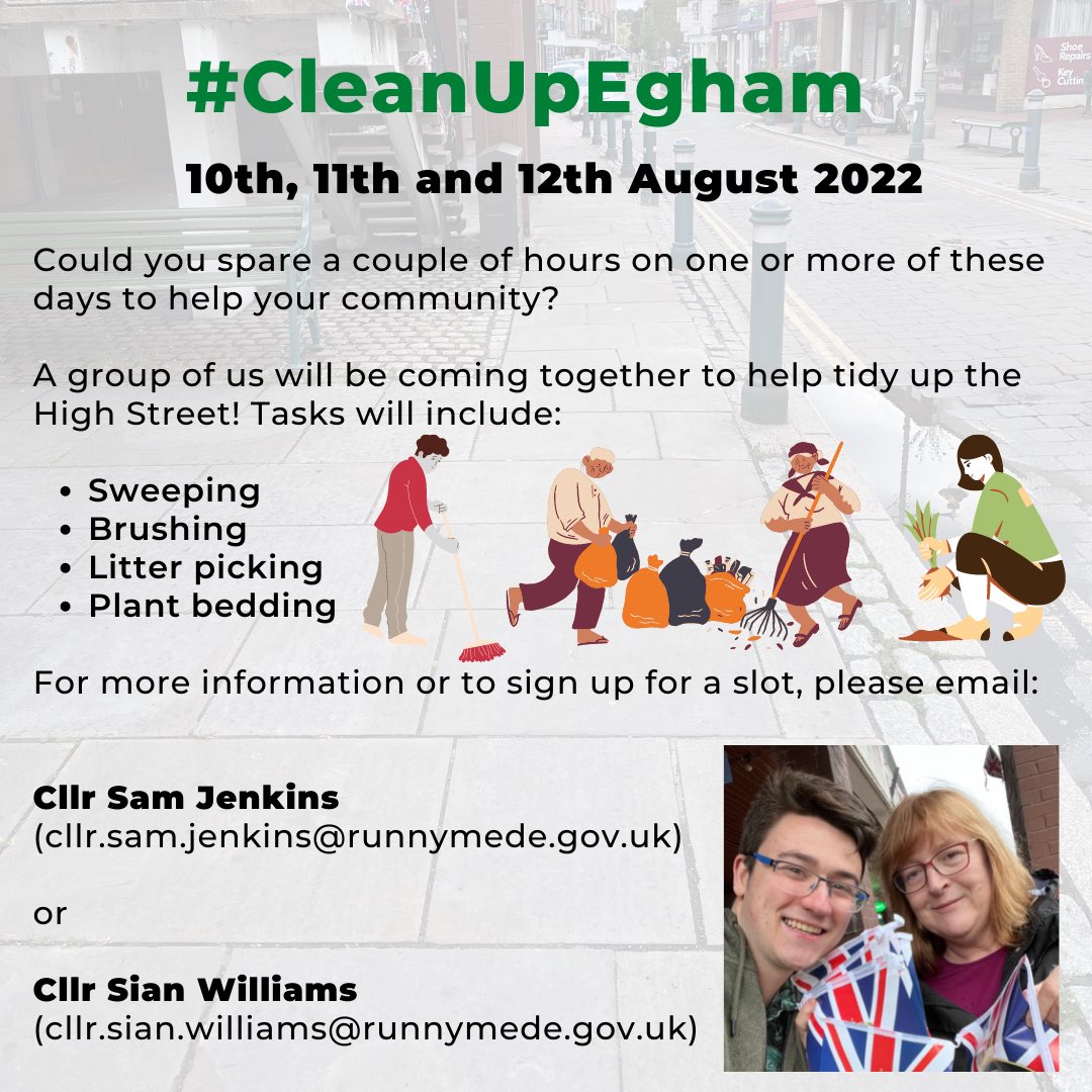 changemakersam's tweet photo. SAVE THE DATE - 10th-11th-12th August 2022 - #CleanUpEgham

This is a great opportunity for Egham Town to come together as a community out of care for the space that we all share. Please email cllr.sam.jenkins@runnymede.gov.uk to sign up for a session https://t.co/kJ58JmY8sD