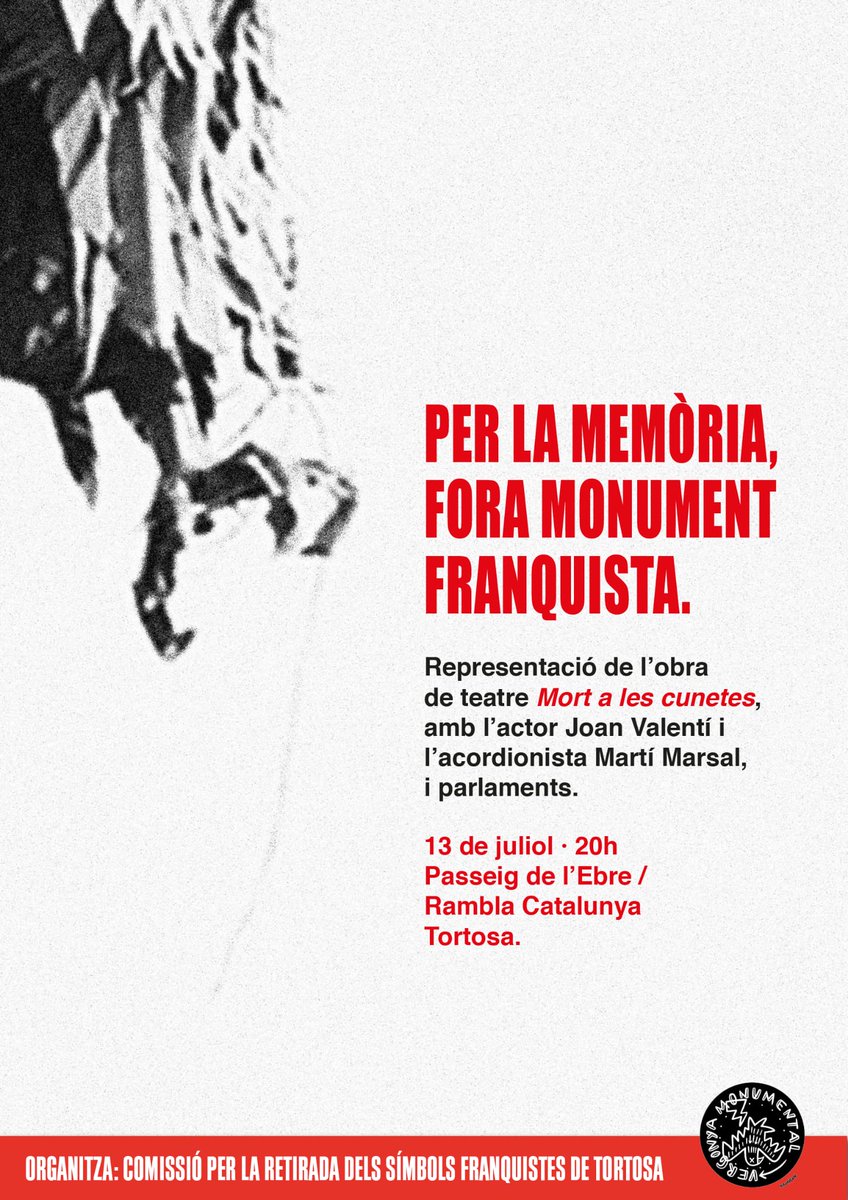 Dimecres 13 de juliol:
PER LA MEMÒRIA, FORA MONUMENT FRANQUISTA!

❌ Un any de la suspensió cautelar de la retirada.
✊ Seguim fermes reivindicant la seua retirada. Per dignitat, memòria i justícia.

📆13 de juliol, 20h. Passeig de l'Ebre (Tortotosa)