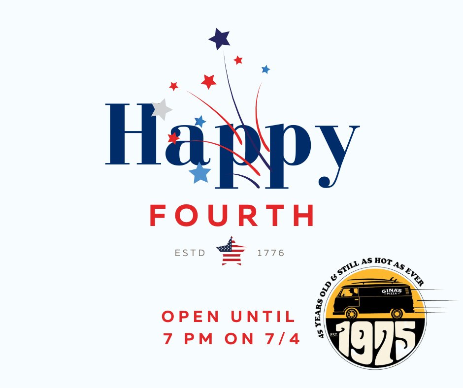 Happy Independence Day! Join us until 7 pm today (order early for delivery!) as we'll be closing to spend time with friends and family watching the fireworks! #Happy4th to you!

#ginaspizza #since1975 #independenceday #biggaslice
