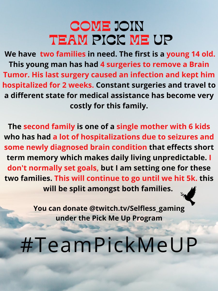 SaVG_Pho3nix's tweet photo. Believe me when I say “every little bit helps”. Not only is @Selfless_Gaming enjoyable to watch, but #teampickmeup truly is committed to helping people in need. Drop in for a visit, drop him a follow and ask about Team Pick Me Up https://t.co/KqODFu3Cg8 #ahandup #community #lfg https://t.co/DMxgkFdFG0