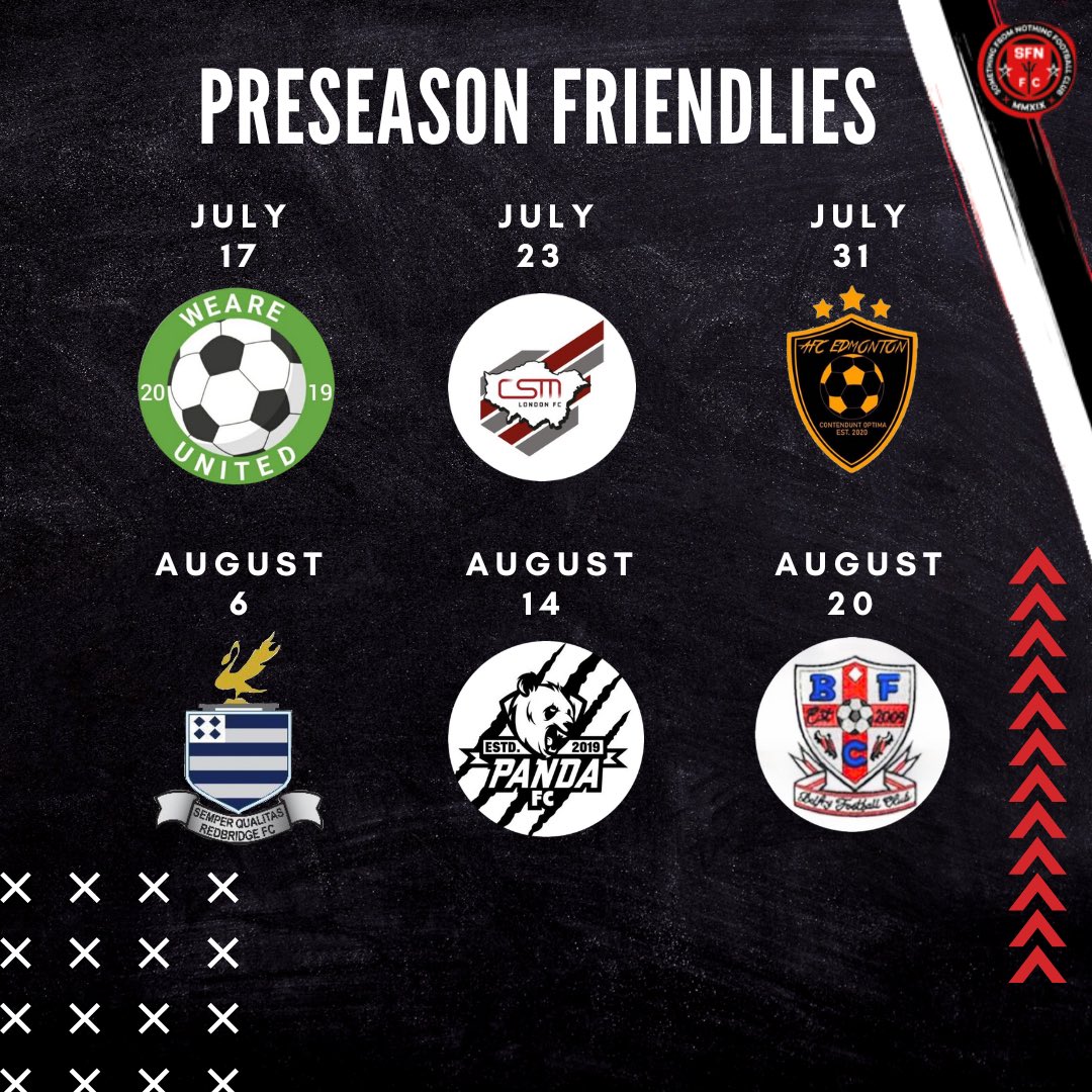 sfn_fc's tweet photo. Our 6 friendlies happening this preseason in preparation for the new season!
#SFNFC #kickitout #upthesfn ⚫️🔴 https://t.co/3sCd2OqJMd
