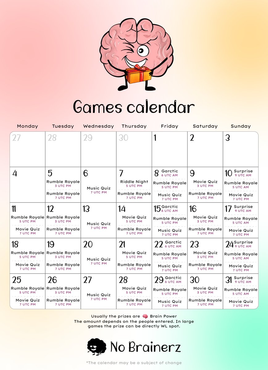 No_Brainerz's tweet photo. We're announcing our Games Calendar. What's better than claiming a WL spot than having fun with your community? 

If you are not yet, join us in discord:https://t.co/WI5WrP81Ae

Psst... we have contests in there as well...
#NFTs #FUN #games #discord #ETH #NFTCommunity #NoBrainerz https://t.co/junzR9rHmS