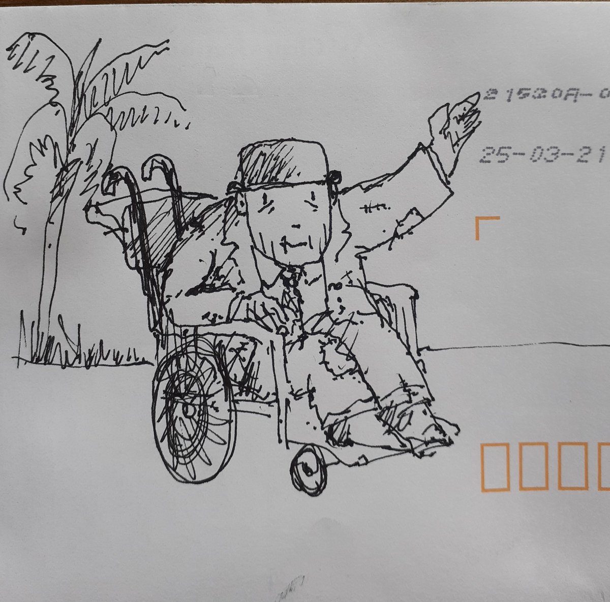 thebowlerhatman's tweet image. Lots of new followers recently...
Thank you very much.
I thought I&apos;d share the last picture David McKee drew of Mr Benn on the envelope of a letter he sent me.
Mr Benn... Still having adventures!!