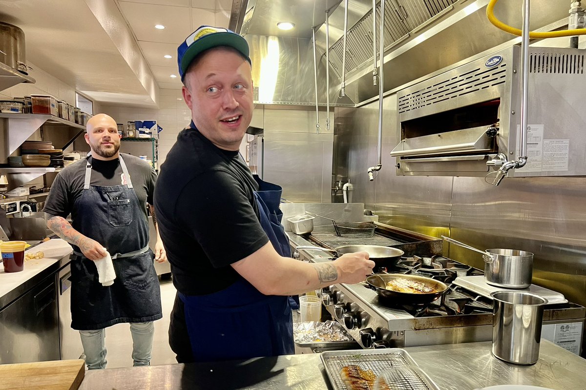 tastybits's tweet photo. Congratulations to Chris Haatuft and @Lysverket on Michelin star award in Norway. 

Action shot of Chris cooking Gulf bycatch (barrelfish) at his Houston outpost Golfstrømmen at @posthtx on Saturday night. https://t.co/iKSTsy0U5P