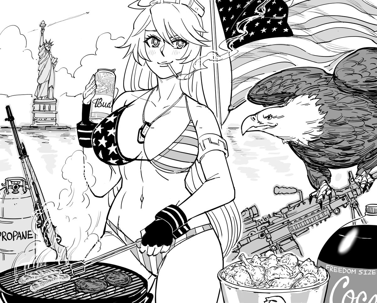 Patreon request:
Kancolle Iowa, grillin' for the 4th of July.
It breaks my heart when I think about those poor Euros, who will never get to experience burgers, coke, M14s or Freedom, because they weren't born in the great US of A. It's a damn shame, really. 