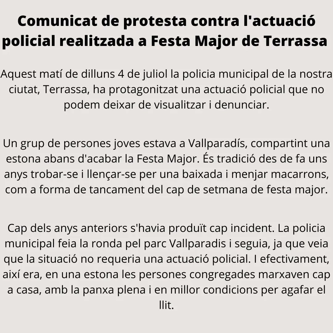 CFPtrs's tweet photo. COMUNICAT PER DENUNCIAR L'ACTUACIÓ DE LA POLICIA MUNICIAL D'AHIR

@ajterrassa @jordi_ballart https://t.co/Ed0FFC2OCY