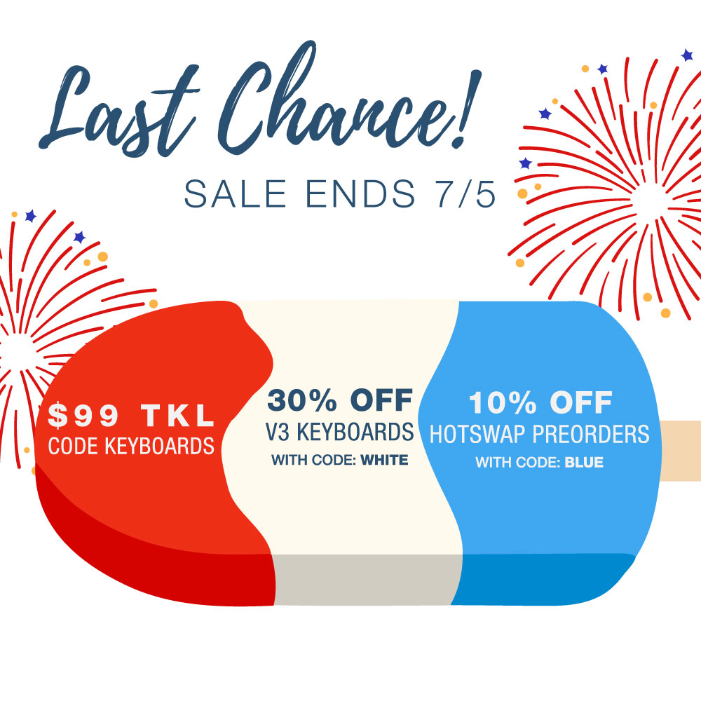 wasdkeyboards's tweet photo. TICK TOCK ⏰ Sale ends tomorrow!

$99 TKL CODE Keyboards
https://t.co/BbFNFQUcLy
30% off Custom V3 (code: WHITE) 
https://t.co/rpbKN6JiRS
10% off Hotswap Preorders (code: BLUE)
https://t.co/uIbxFc9fcE https://t.co/t1rd8iuqoQ